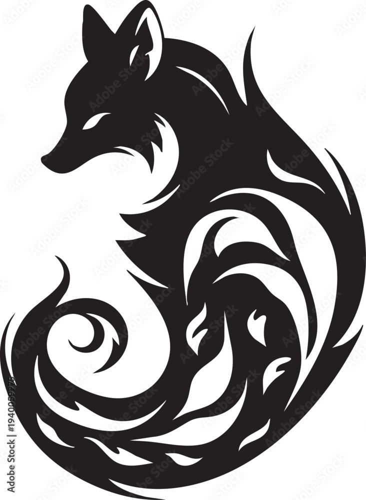 Obraz premium Tribal style black fox silhouette vector icon with artistic flame patterns isolated on white back