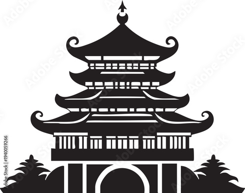 Detailed black silhouette of a tall ornate pagoda with surrounding trees and decorative roof lines