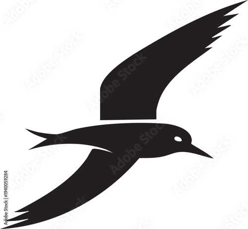 Minimalist black bird in flight silhouette vector illustration with sharp wings on white backgrou