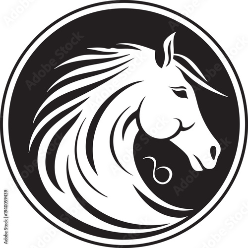 Black and white horse profile logo in circular frame with mane details for equestrian sport branding