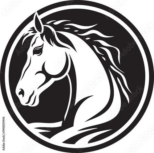 White horse head in black circle, dynamic profile, majestic equine art