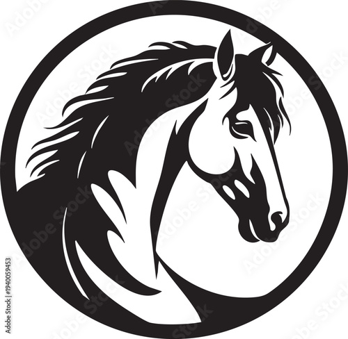 Minimalist horse head icon with flowing mane inside black round border for modern business identity
