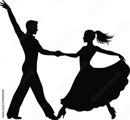 Elegant Silhouette of a Ballroom Dance Couple Performing a Passionate Latin Salsa or Swing Routine Isolated on a Clean White Background
