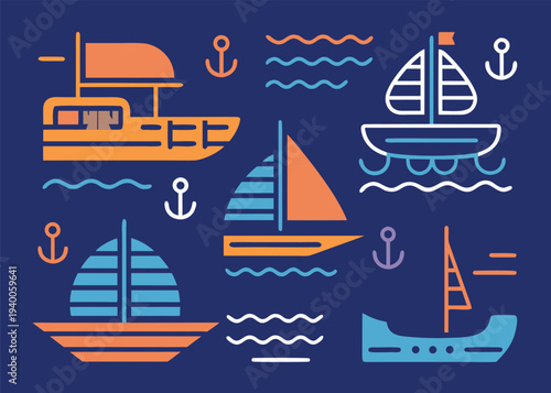 Six colorful minimalist sailboat icons featuring various sail designs and orange hulls positioned alongside anchor symbols and wave patterns on a solid dark blue background.