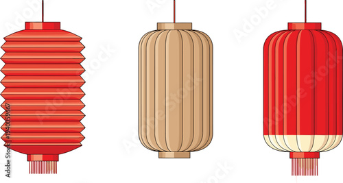 Traditional paper lantern vector illustration set featuring red and beige cylindrical hanging lamps isolated on white background for cultural festivals and Asian celebration themed design projects