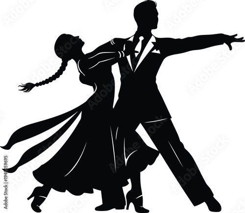 Elegant Silhouette of Professional Ballroom Dancers Performing Passionate Tango Waltz or Salsa Dance Isolated on White Background for Vector Design