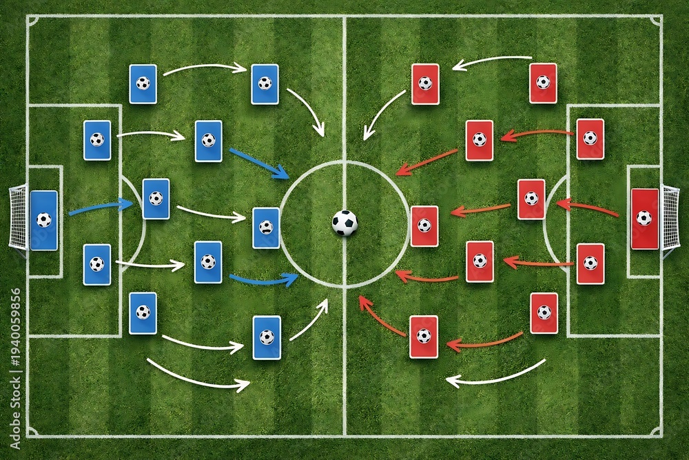 Obraz premium Soccer Strategy Diagram: An illustrative top-down view of a soccer field with tactical markers, showcasing the strategic positioning and planned movements of players in a dynamic game.