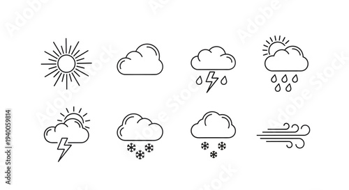 Set of weather icons representing sunny day, clouds, lightning, rain, snow, and wind, perfect for forecasts and meteorological apps
