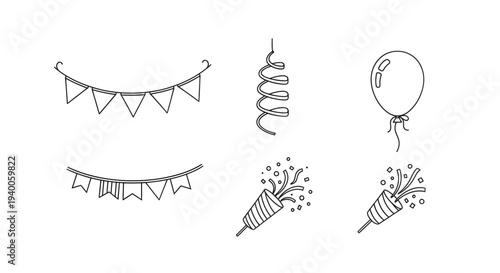 Festive Party Decorations and Celebration Icons - Bunting, Streamers, Balloons, and Party Poppers
