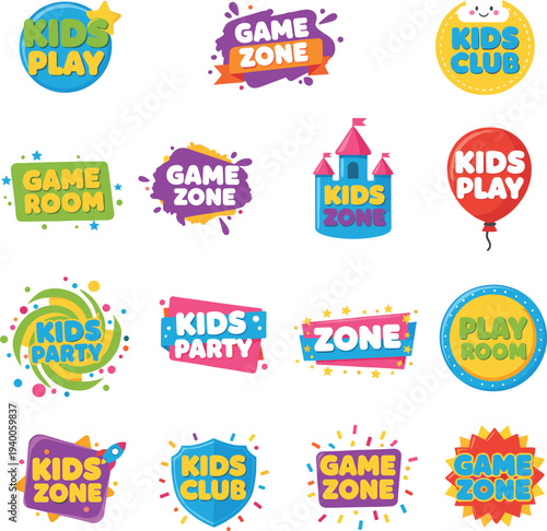 Vibrant kids play and game zone badge collection for indoor playground branding family entertainment center signage and children amusement park design elements