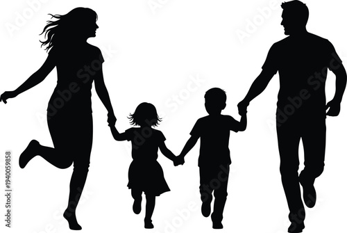 Happy family silhouette with father mother and two children running together holding hands in outdoor summer park activity isolated on white