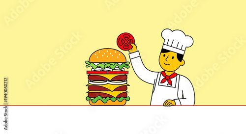 Chef building a giant burger with multiple layers, cartoon style, yellow background