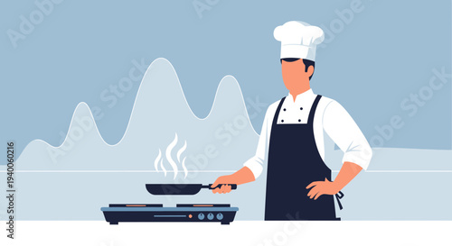 Chef cooking in kitchen with steam rising from pan, abstract background