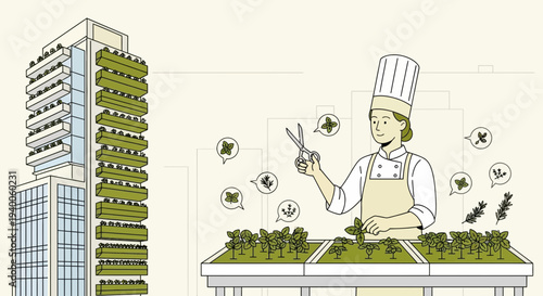 Chef harvests fresh herbs from vertical farm on skyscraper balcony, urban agriculture concept