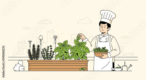 Chef tending to urban rooftop herb garden, harvesting fresh basil for culinary use.