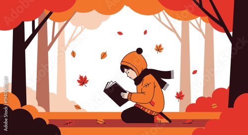 Child reading a book in autumn forest, falling leaves, cozy atmosphere
