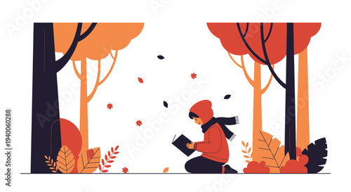 Child Reading Book in Autumn Park with Falling Leaves