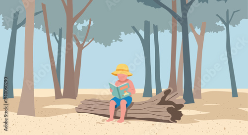 Child reading book on log in forest on sunny day