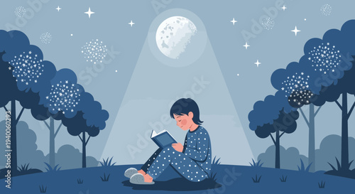 Child reading a book under the moonlight in a magical forest