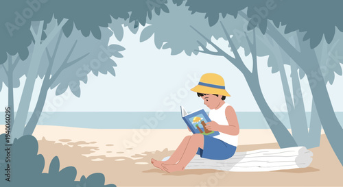 Child reading a book on a beach, sitting on a log under trees