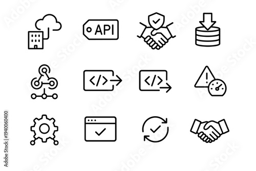 API Icon Set. Third party API connection. Line outline icon set of Third party API connection: external