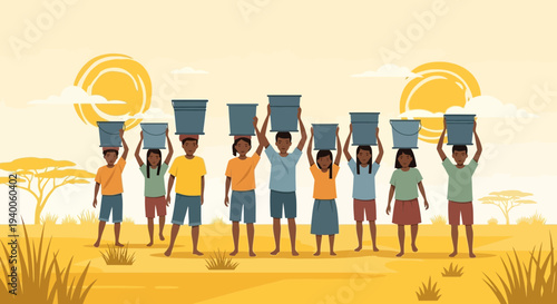 Children carrying water buckets on heads in arid landscape, symbolizing drought and community effort