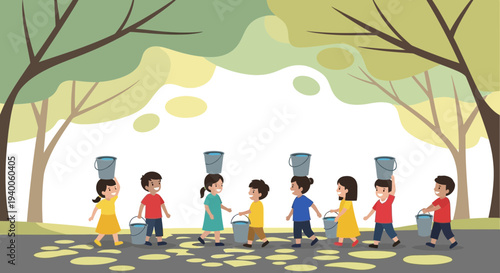 Children carrying water buckets on heads, symbolizing resourcefulness and community effort