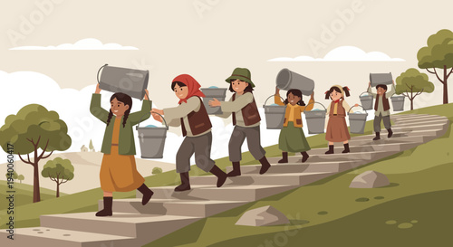 Children carrying water buckets up stairs, rural life, community effort, daily chores