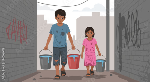 Children carrying water buckets through a gritty urban alleyway