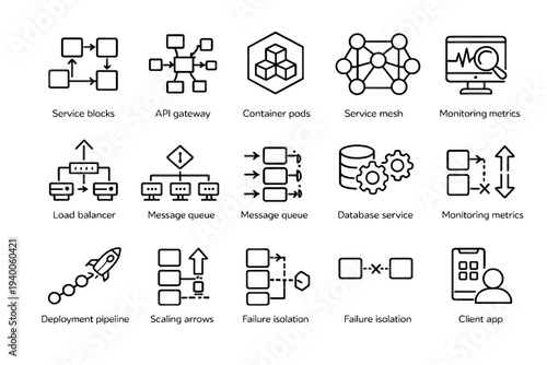 Microservices Architecture Icons. Microservices architecture diagram. Line outline icon set of microservices