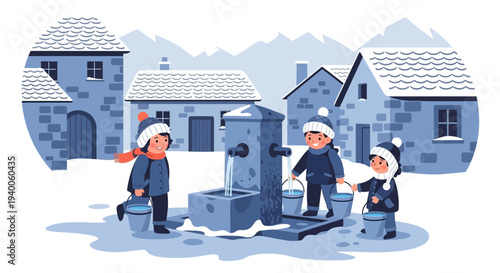 Children collect water from a village fountain in a snowy winter landscape