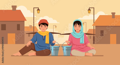 Children collecting water in buckets in a village street