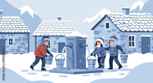 Children collecting water from a village fountain in a snowy winter landscape