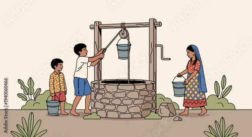 Children fetching water from a traditional well in a rural village, community effort