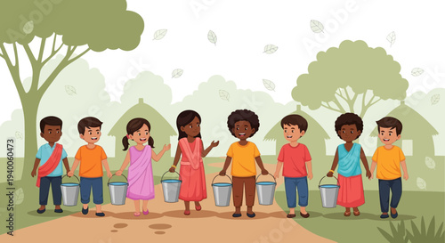Children holding hands carrying buckets of water, diverse group, community effort, rural village background