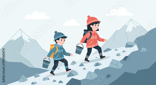 Children hiking up a rocky mountain trail, carrying buckets, winter adventure