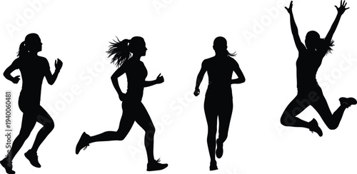 Set of four black silhouettes representing a woman running, jogging, and jumping in celebration of fitness, health, and active lifestyle.