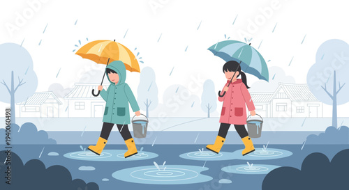 Children in raincoats and boots walking with umbrellas and buckets in puddles
