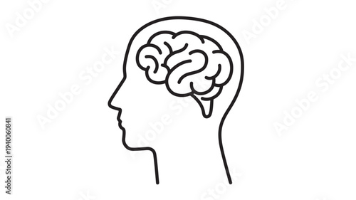 Brain inside human head profile outline illustration with continuous line art featuring silhouette, vector, icon with symbol and science elements for