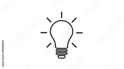 Light bulb icon with radiating lines, symbolizing inspiration and innovation, simple line art featuring idea, creativity, concept with symbol and