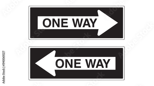 Signs one way with black background and white lettering and arrows, pointing left and right for directional traffic guidance.