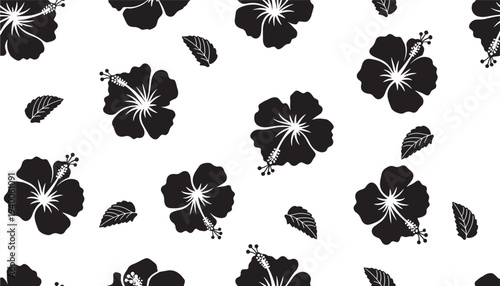 Hibiscus flowers and leaves silhouette pattern with intricate details, black and white graphic. featuring flower, floral, tropical with bloom and