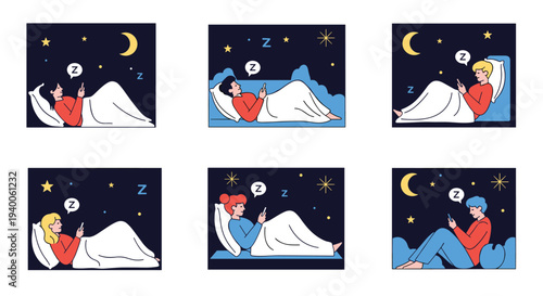 Set of six illustrations showing different people lying in bed at night using their smartphones instead of sleeping under stars.