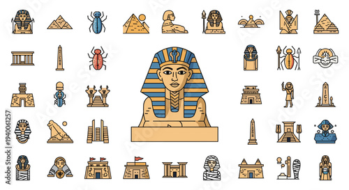 Comprehensive collection of ancient Egyptian icons and symbols including pharaohs, pyramids, mummies, scarabs, and deities in flat graphic style.