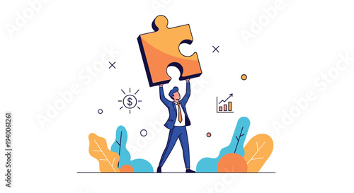 Professional man in suit holding giant orange jigsaw puzzle piece above his head representing business solutions, teamwork, and strategy.
