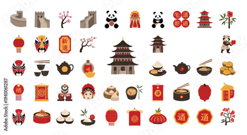 Large set of traditional Chinese icons including landmarks, pandas, lanterns, food, and cultural symbols on white background for design projects.