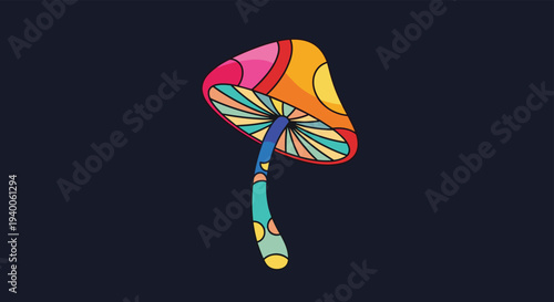 Colorful psychedelic mushroom illustration with vibrant patterns and rainbow stem against dark blue background in creative art style.