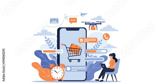 Modern online shopping and delivery concept illustration showing woman using laptop while smartphone displays cart and drone flies overhead.