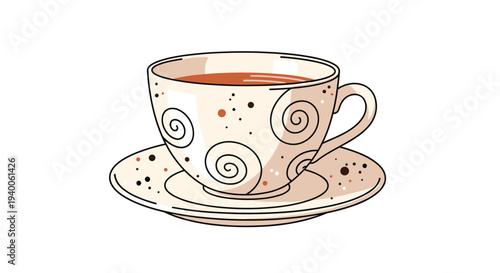 Charming ceramic teacup and saucer decorated with delicate swirling patterns and small brown and orange dots on clean white background.