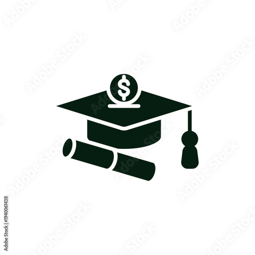 This professional icon features a graduation cap, diploma, and dollar coin, symbolizing scholarships, student loans, and the financial investment of higher education.